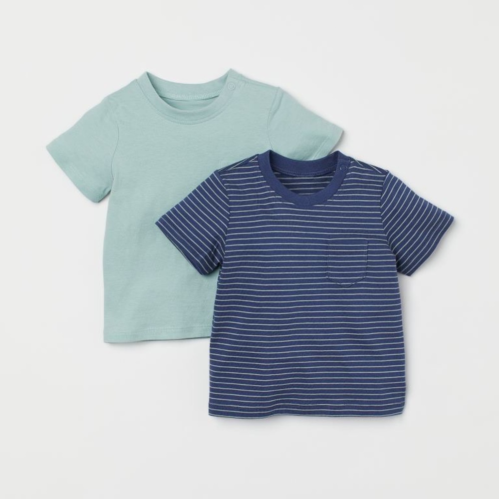 H&M 2 pack cotton t shirts blue/green stripe and mint green 18m